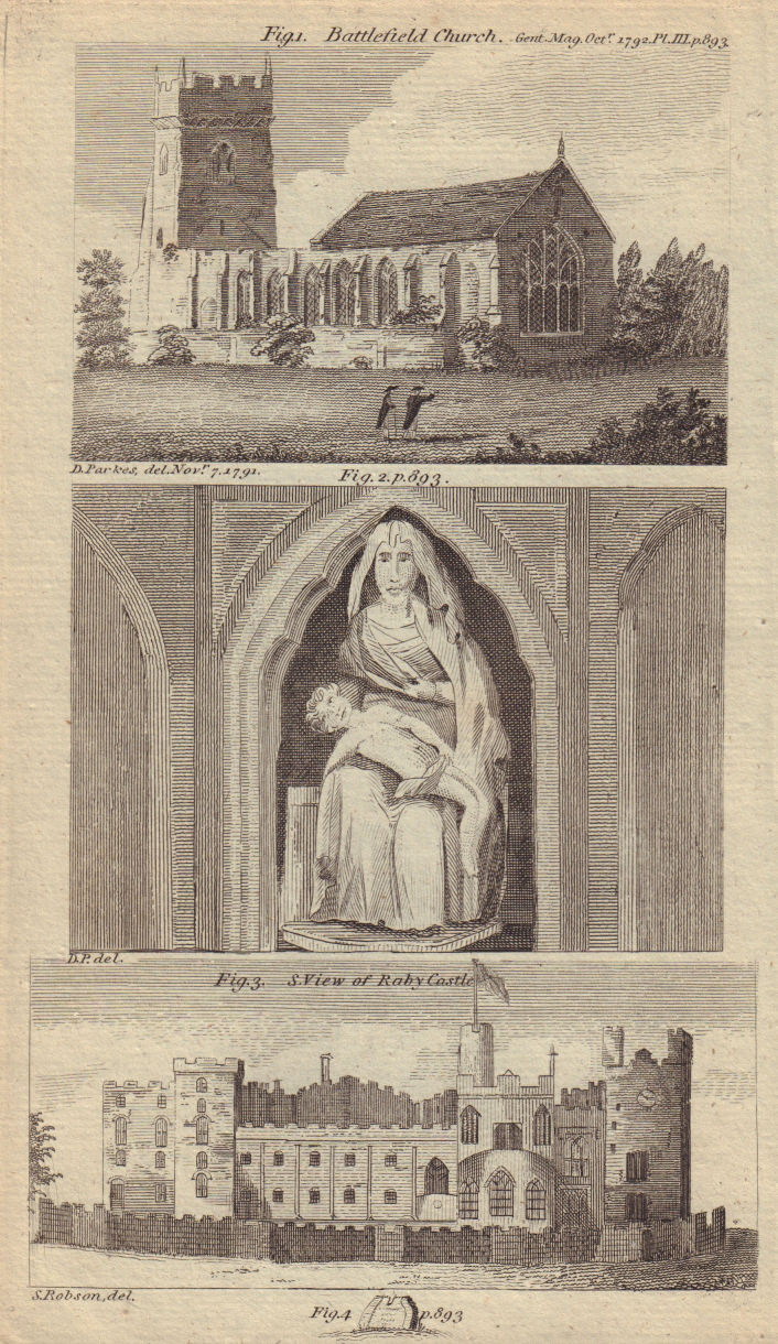 St Mary Magdalene Battlefield Church Shrewsbury Salop. Raby Castle Durham 1792